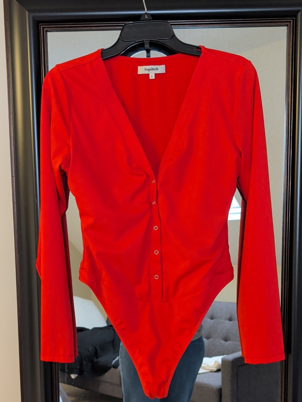 Popilush Red Long-Sleeve V-Neck Snap-Front Thong Bodysuit
